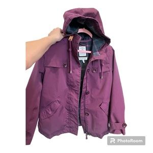 Women's Joules Rain Coat Jacket plaid lined hooded sz 10 Weatherproof Purple
